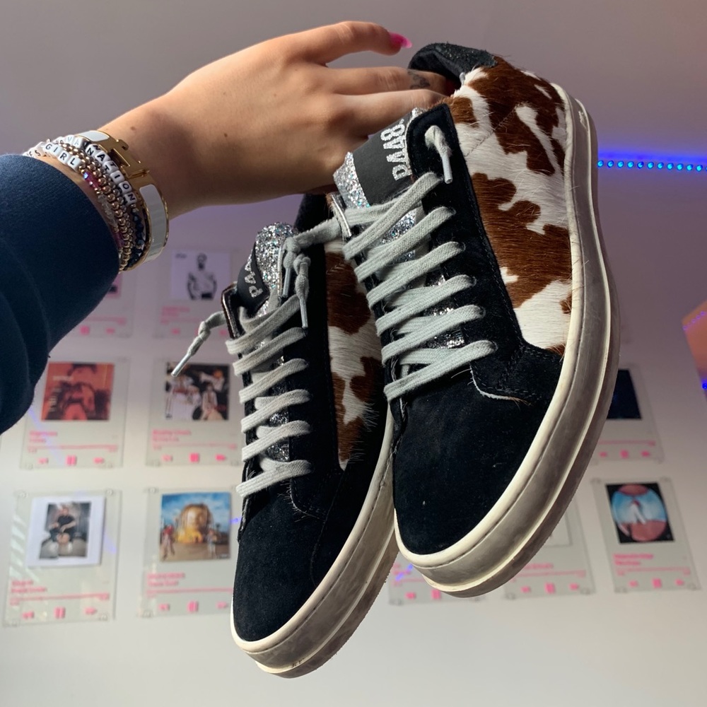 p448 cow print glitter sneaker